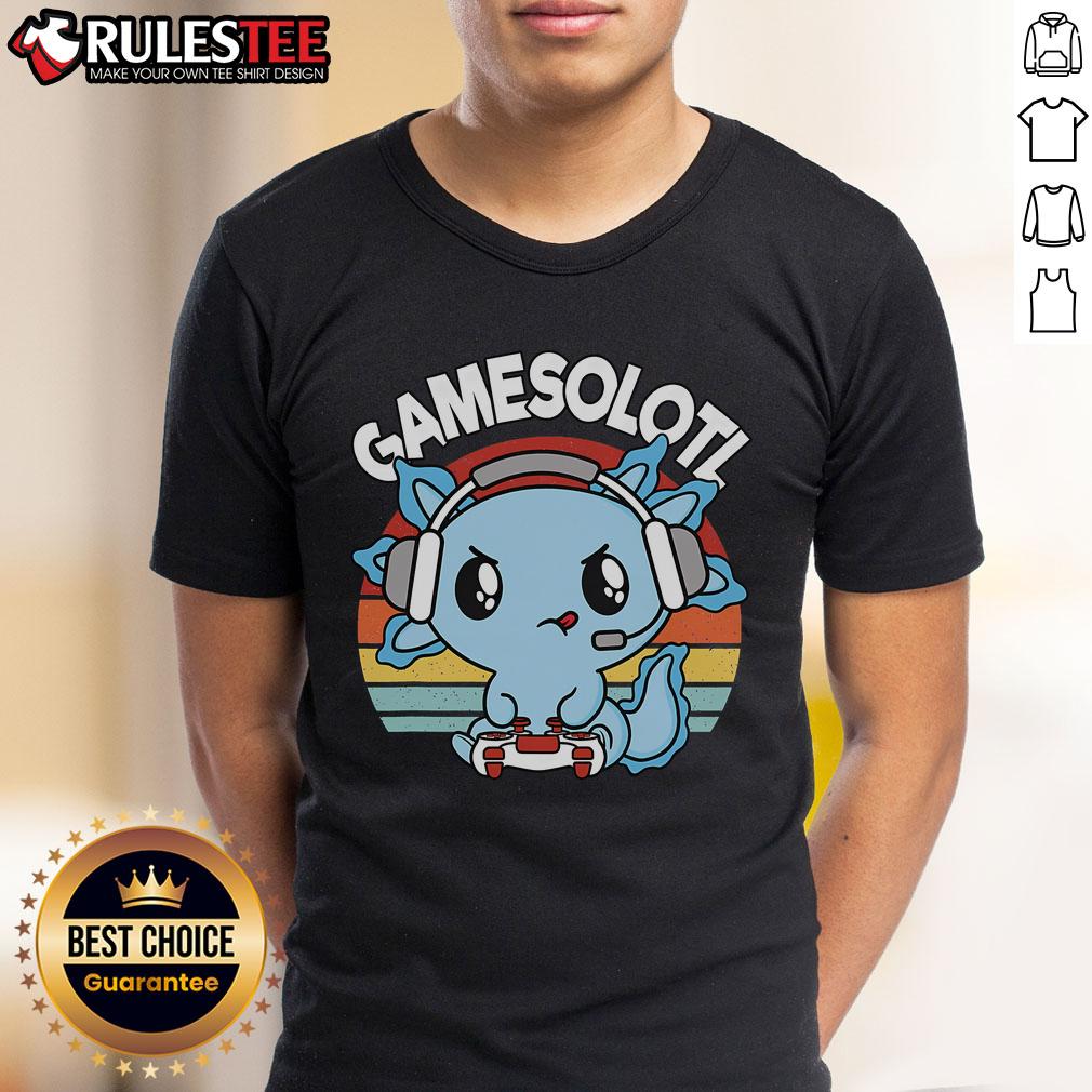Adorable Gamesolotl axolotl in gaming gear against a vintage sunset, perfect for gamers and axolotl lovers.