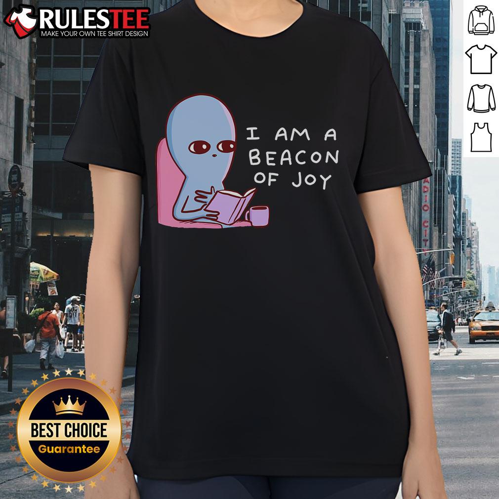 Alt Text: Cute 'I Am A Beacon Of Joy' Strange Planet ladies tee showcasing vibrant colors and playful design for women.