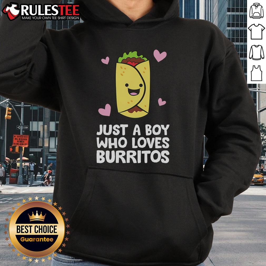 Cute boy wearing a 'Just A Boy Who Loves Burritos' hoodie, smiling happily with a burrito in hand.