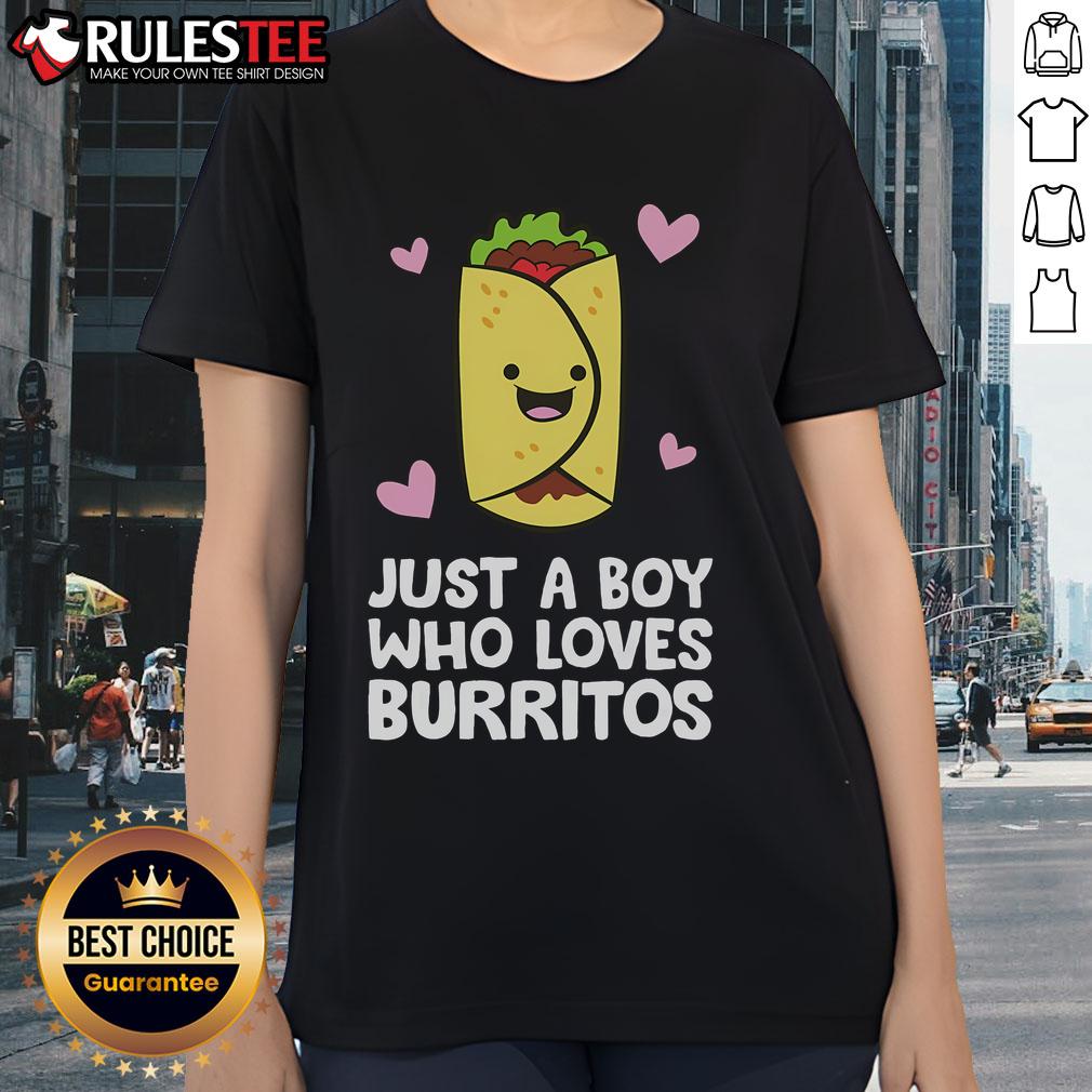 Cute just a boy who loves burritos ladies tee featuring a fun graphic design of a boy and burritos.