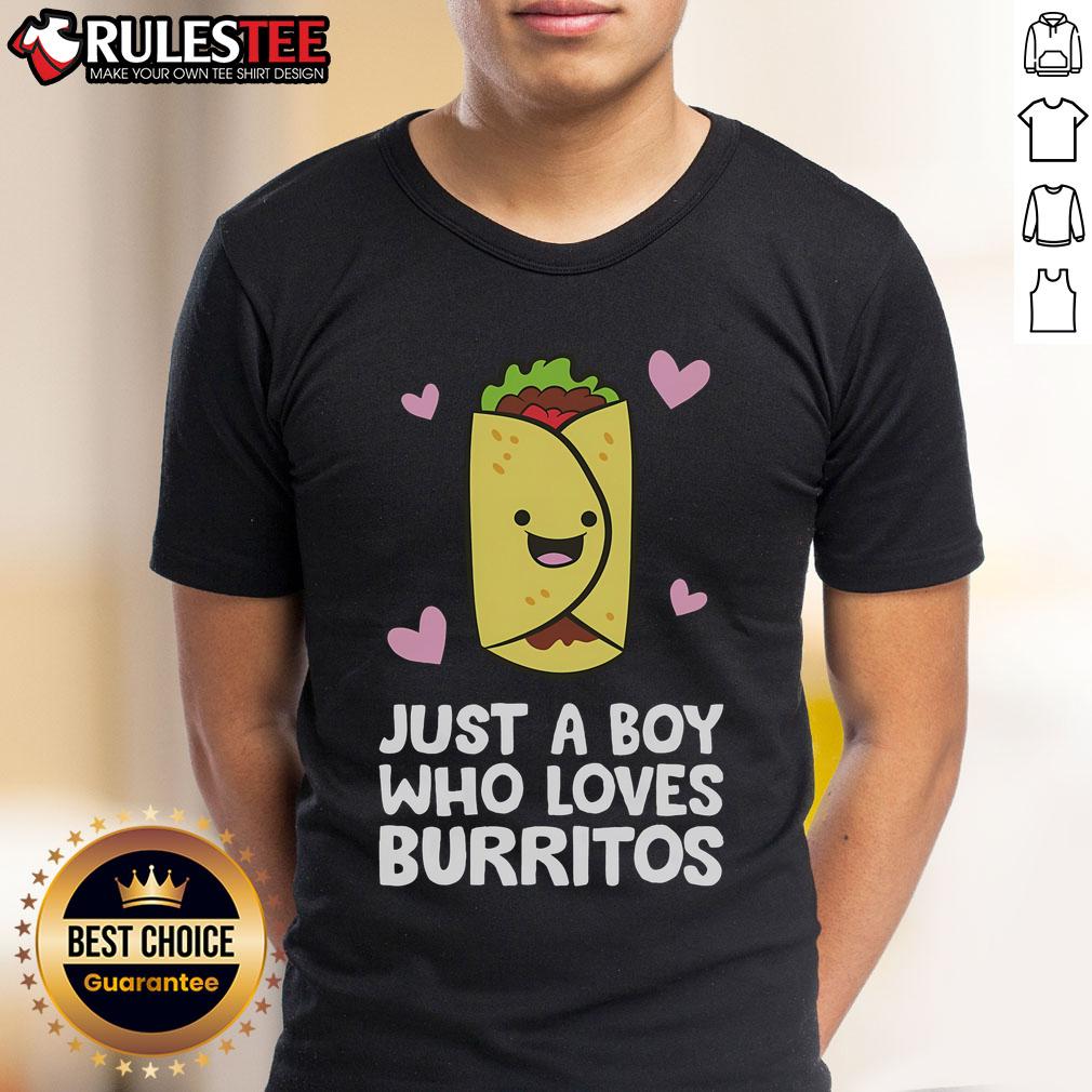 Alt Text: Cute boy wearing a Just A Boy Who Loves Burritos T-shirt, showcasing his love for burritos and fun style.
