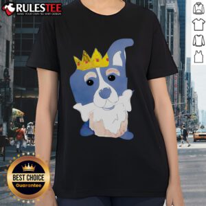 Alt Text: Cute king dog chewing bones on a cartoon ladies tee, perfect for dog lovers and fun casual wear.