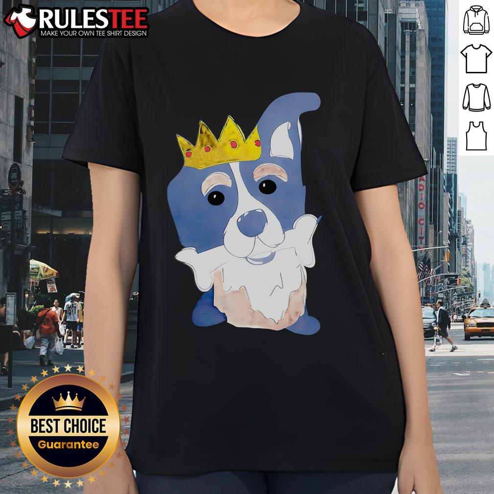 Alt Text: Cute king dog chewing bones on a cartoon ladies tee, perfect for dog lovers and fun casual wear.