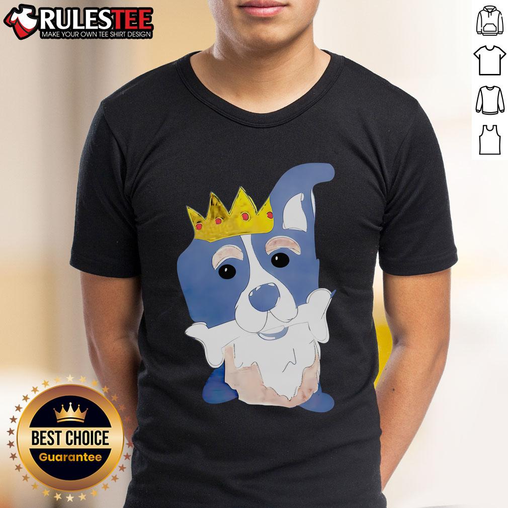 Alt Text: Cute King Dog cartoon character chewing bone on a fun T-shirt design, perfect for dog lovers and pet enthusiasts.