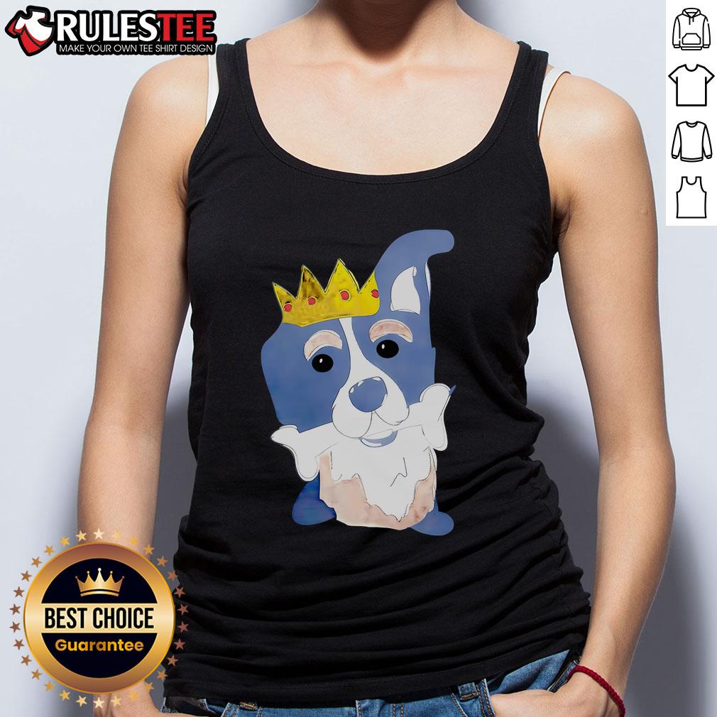 Cute king dog in a cartoon tank top happily chewing on bones, perfect for dog lovers and pet apparel enthusiasts.