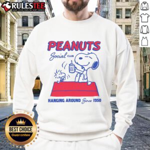 Alt Text: Cute Peanuts Social Club sweatshirt featuring classic cartoon characters, perfect for fans since 1950.