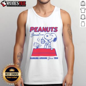 Alt Text: Cute Peanuts Social Club tank top design featuring fun characters, perfect for casual wear since 1950.