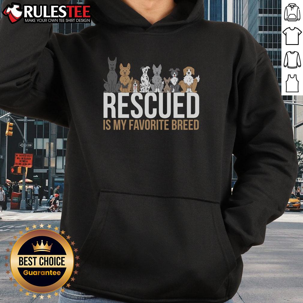 Alt Text: Cute rescued dog wearing a hoodie with 'Rescued is my favorite breed' slogan, showcasing love for animal adoption.