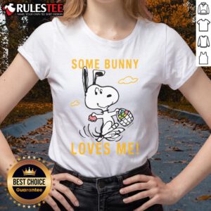 Alt Text: Cute Snoopy Peanuts Some Bunny Loves Me Ladies Tee featuring Snoopy and a playful bunny design for adorable style.