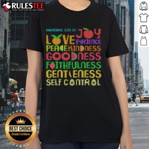 Cute The Fruit of the Spirit Christian Bible Verse Ladies Tee featuring vibrant colors and inspirational design.
