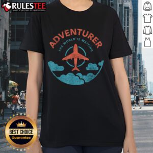 Alt Text: Funny Adventurer tee for ladies featuring 'The World Is Waiting For Travelers' with a plane graphic for travel lovers.