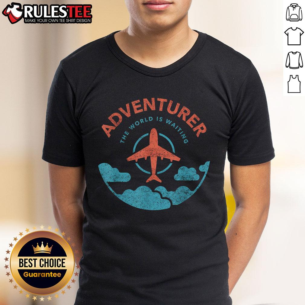 Funny Adventurer T-Shirt featuring 'The World Is Waiting For Travelers' design with a plane graphic, perfect for travel lovers.