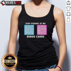 Funny Bingo Queen tank top with 'Stop Staring At My Bingo Cards' slogan, perfect for bingo lovers and enthusiasts.