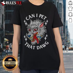 Funny Can I Pet That Dawg Wolf Tattoo Art on a stylish ladies tee, perfect for animal lovers and tattoo enthusiasts.