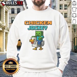 Funny chicken jockey zombie pixel art on a sweatshirt, perfect for zombie gamers and unique graphic apparel lovers.