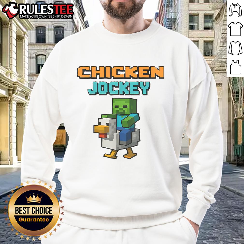 Funny chicken jockey zombie pixel art on a sweatshirt, perfect for zombie gamers and unique graphic apparel lovers.