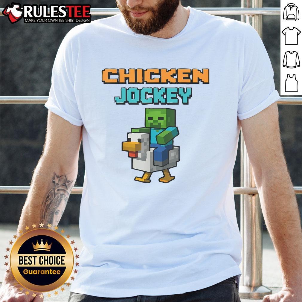 Alt Text: Funny chicken jockey zombie pixel art design on a gamer t-shirt, perfect for zombie game enthusiasts and fans of quirky fashion.