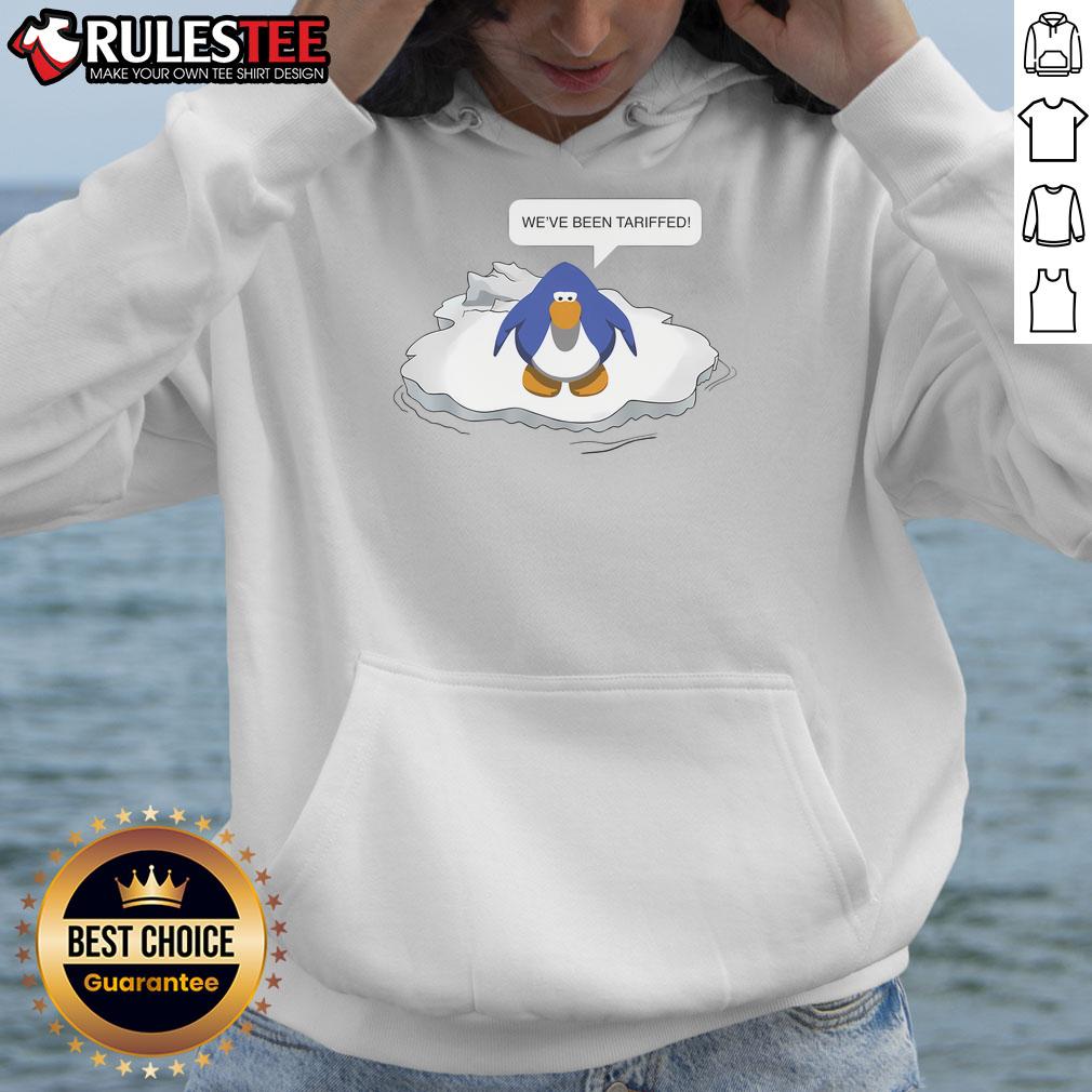 Funny Club Penguin We've Been Tariffed Hoodie featuring playful penguin graphics and vibrant colors.