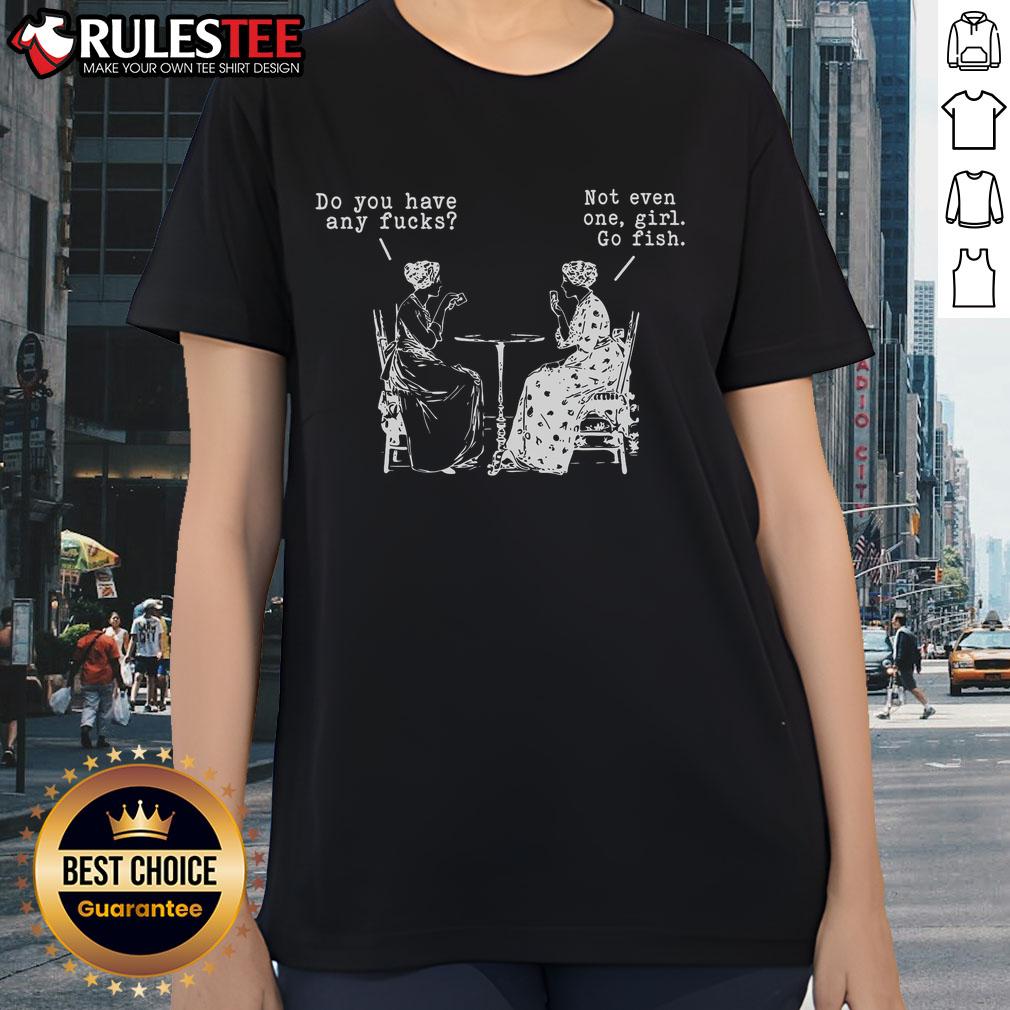 Funny girls' tee featuring a playful 'Do You Have Any F*cks?' design with Go Fish playing cards illustration.