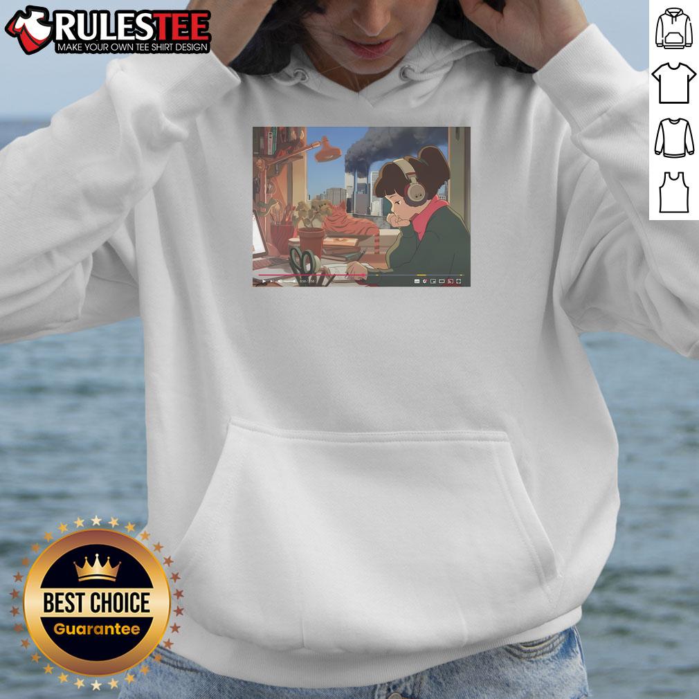 Funny Lofi girl wearing a hoodie, enjoying a sunny daytime scene on September 11, surrounded by vibrant colors.