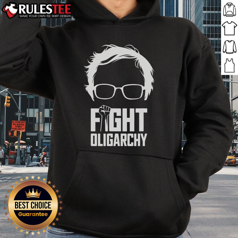 Hot Fight Oligarchy Protest hoodie featuring Bernie Sanders and AOC, symbolizing resistance against corporate power.