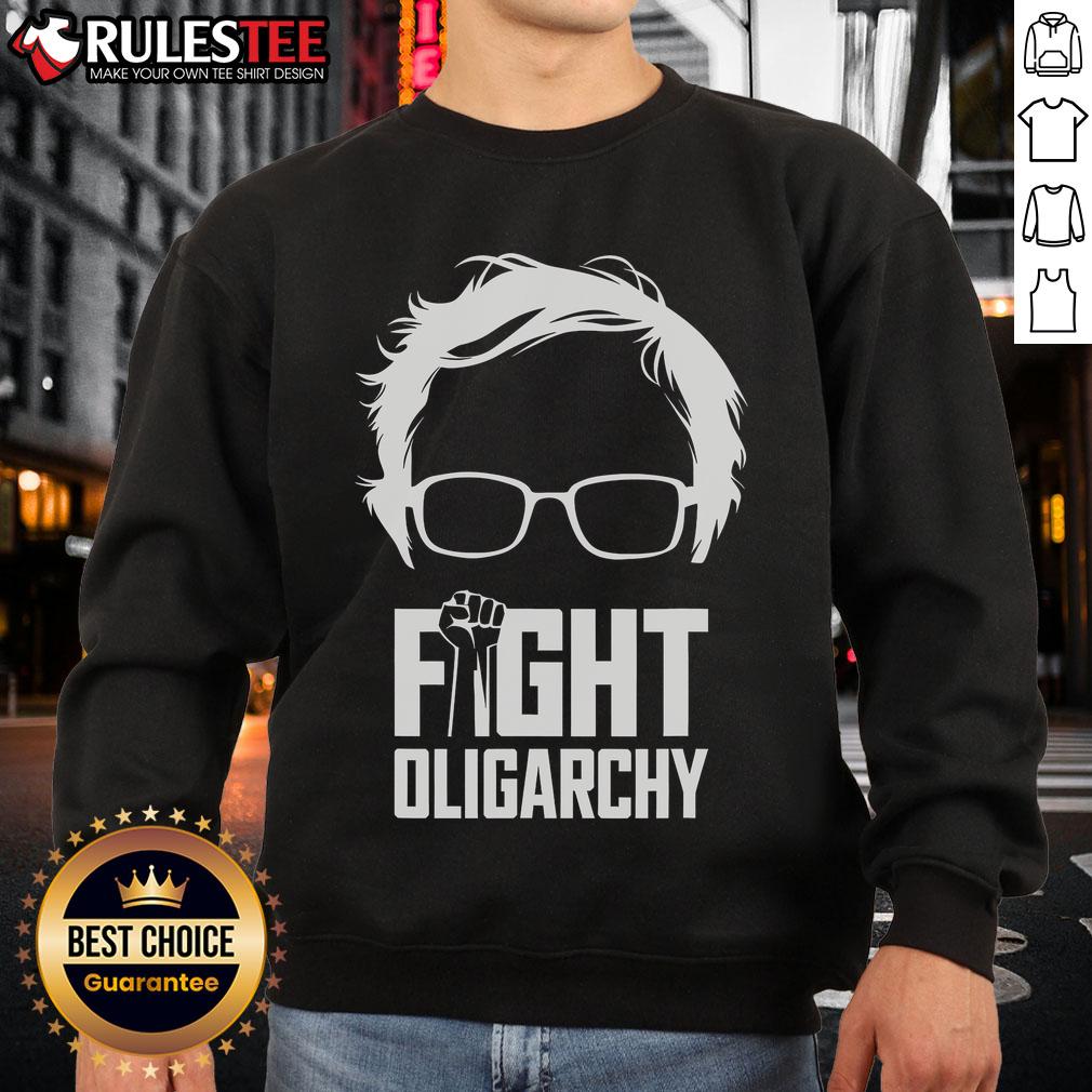Hot Fight Oligarchy protest sweatshirt featuring Bernie Sanders and AOC, promoting resistance and activism in bold design.