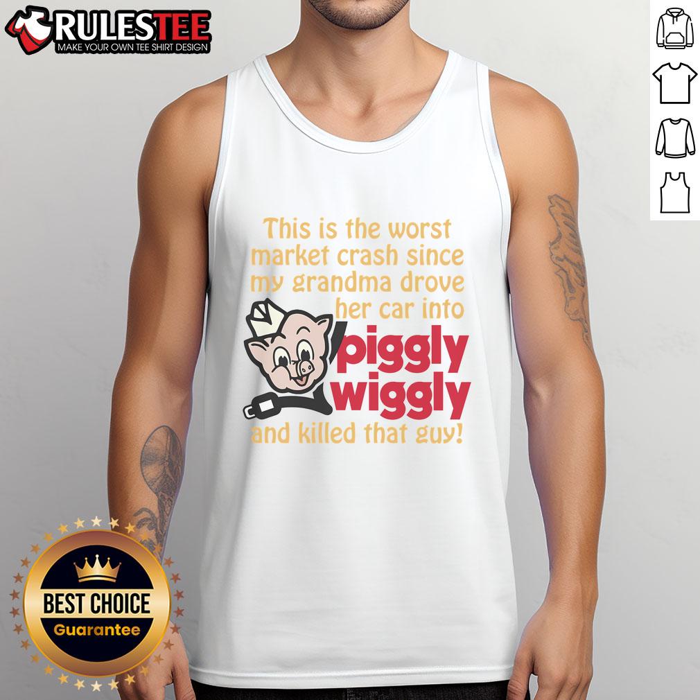Person wearing 'Worst Market Crash' tank top, humorously referencing a past accident, blending nostalgia and market challenges.