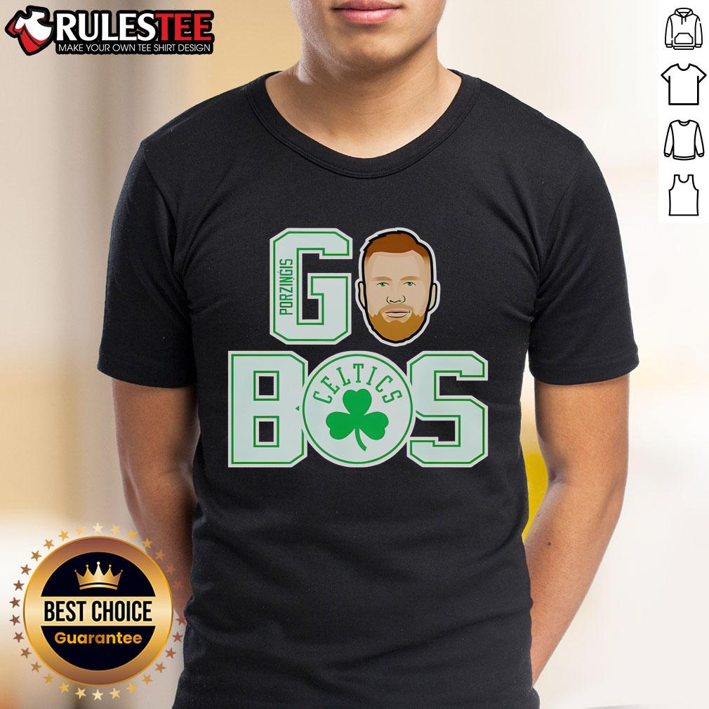 Nice Go Bos Kristaps Porzingis Boston Celtics T-Shirt featuring team colors and graphic design, perfect for fans.
