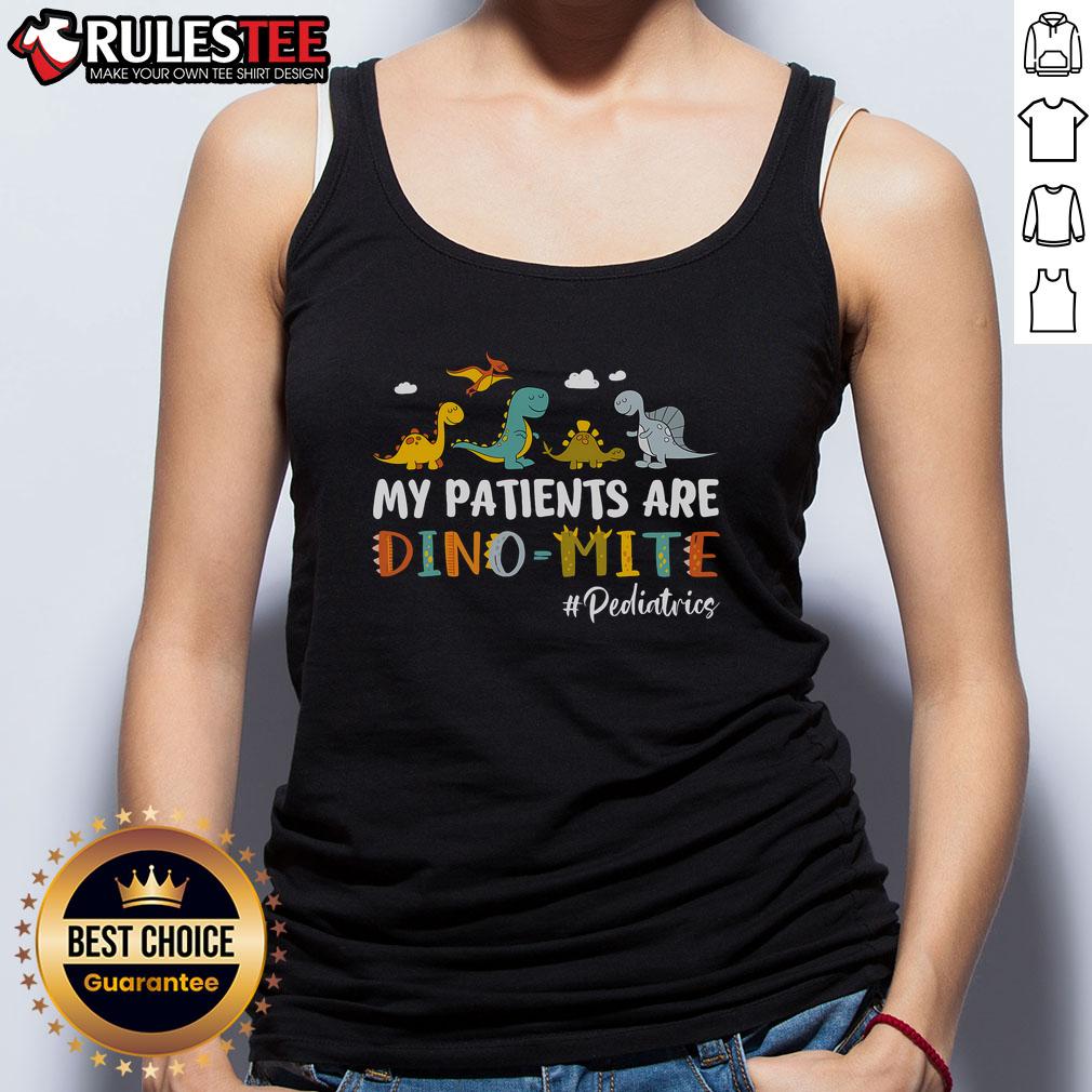 Colorful tank top for pediatric nurses featuring 'My Patients Are Dino-Mite' with playful dinosaur graphics.