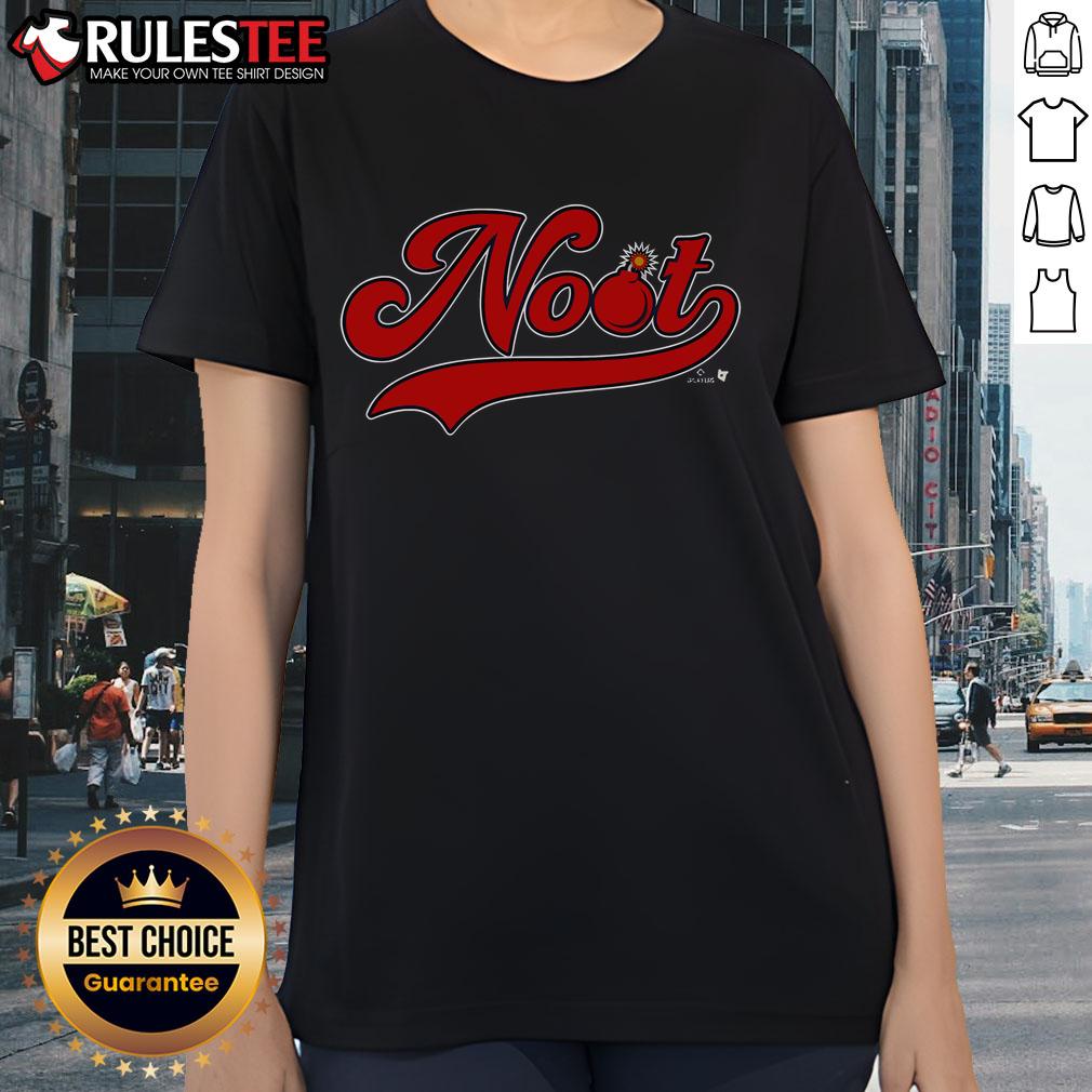 Official Lars Nootbaar Noot Bomb Ladies Tee featuring vibrant graphics and a stylish design for baseball fans.