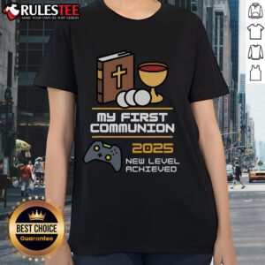 Alt Text: Official My 1st First Communion 2025 Controller Video Game Ladies Tee featuring a stylish design for gamers.