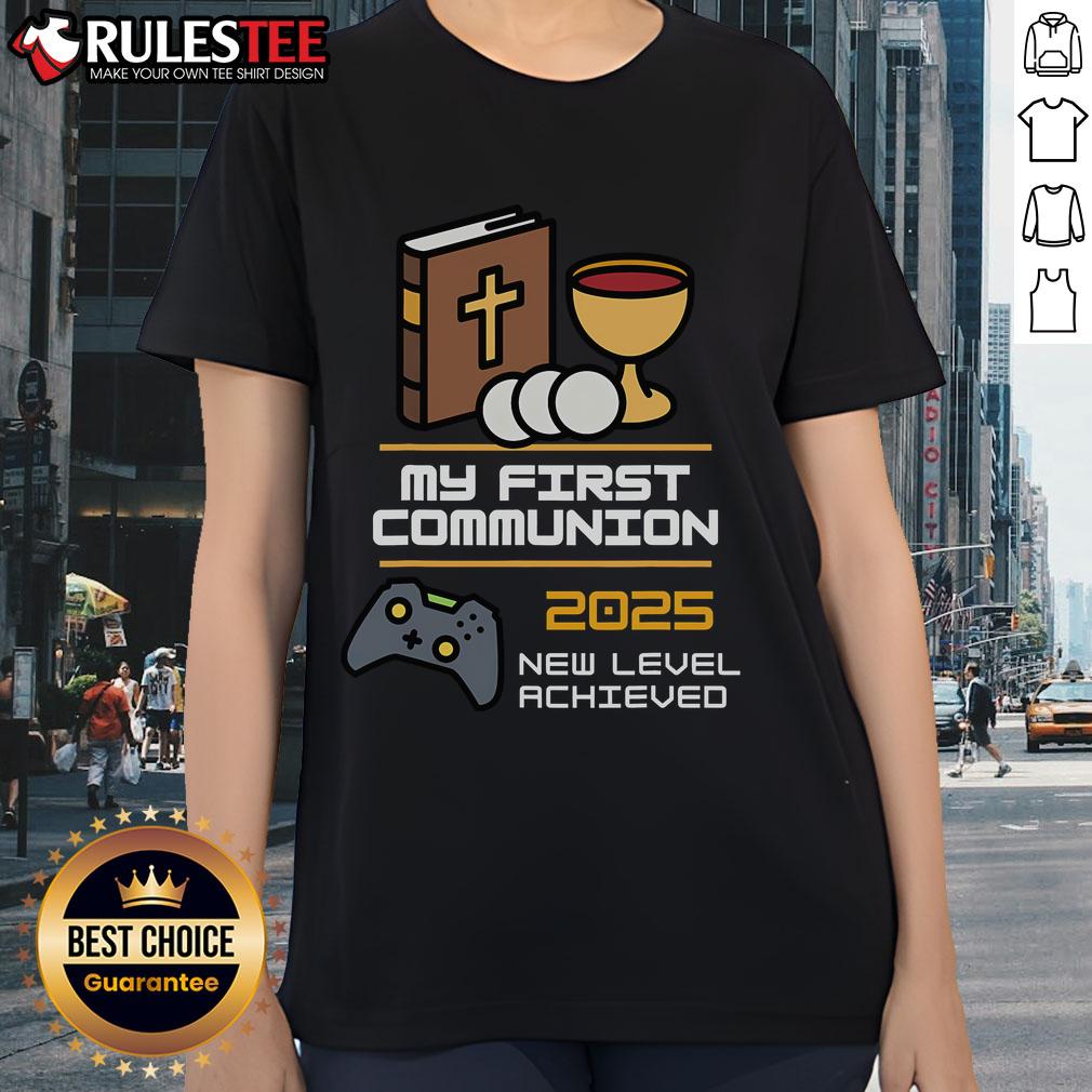 Alt Text: Official My 1st First Communion 2025 Controller Video Game Ladies Tee featuring a stylish design for gamers.