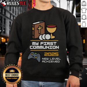 Official My 1st First Communion 2025 Controller Video Game Sweatshirt featuring playful gaming graphics for kids.