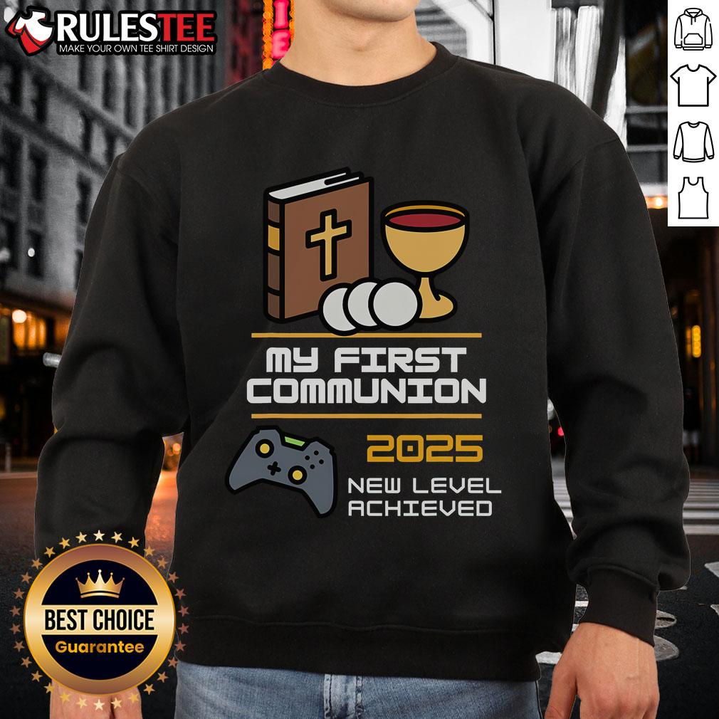 Official My 1st First Communion 2025 Controller Video Game Sweatshirt featuring playful gaming graphics for kids.
