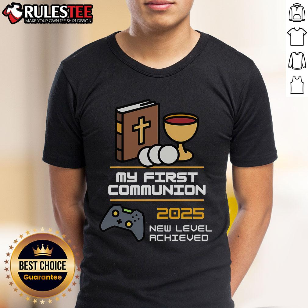 Official My 1st Communion 2025 Controller Video Game T-Shirt featuring a fun gaming design for kids' special day.