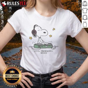 Official Snoopy DJ Full Frequency Sound Ladies Tee featuring a playful Snoopy graphic for music lovers and fans.