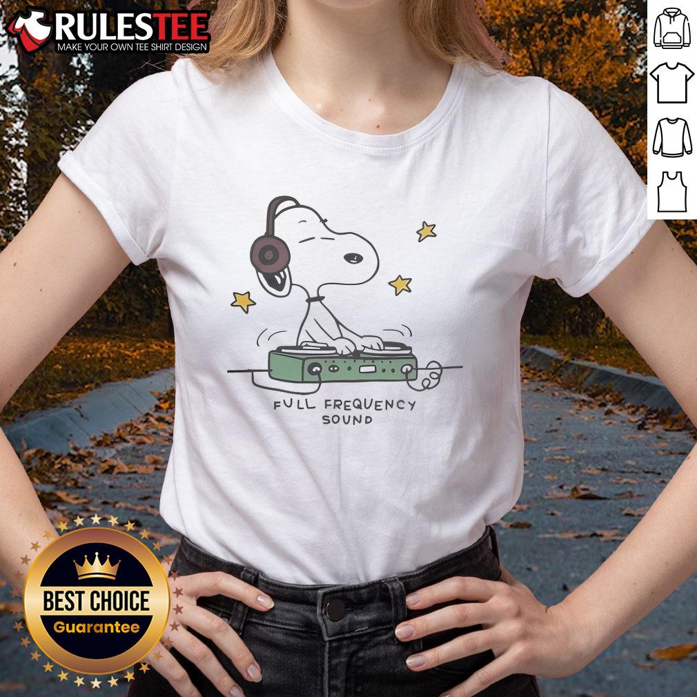 Official Snoopy DJ Full Frequency Sound Ladies Tee featuring a playful Snoopy graphic for music lovers and fans.