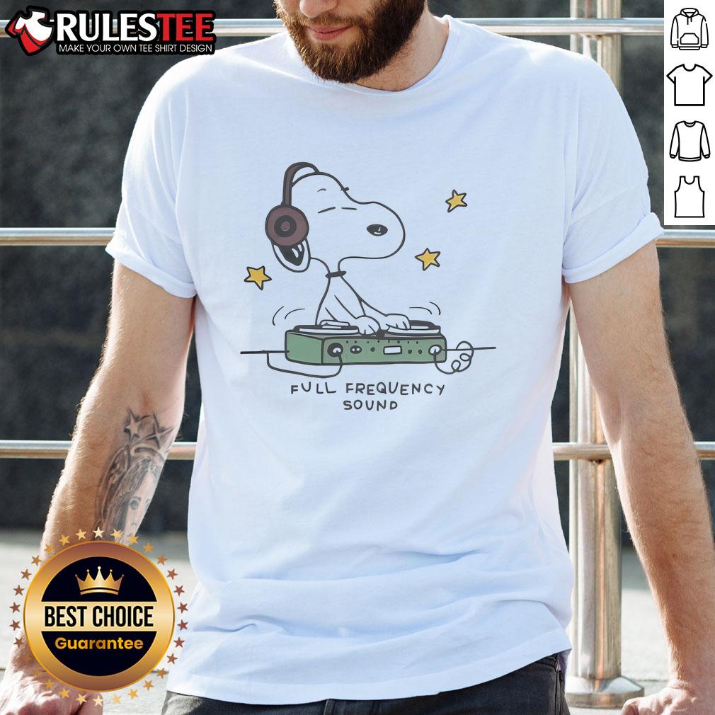 Official Snoopy DJ Full Frequency Sound T-Shirt featuring Snoopy as a DJ with vibrant graphics and a cool design.