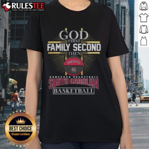 Alt Text: Premium God First Family Second South Carolina Gamecocks Basketball Limited Edition Ladies Tee in stylish design.