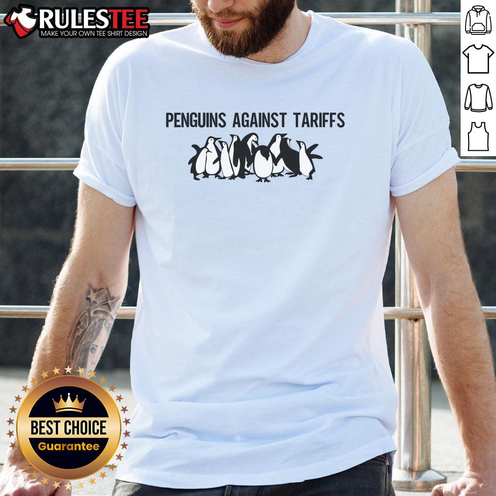 Top Penguins Against Tariffs Sarcastic Saying Meme T-Shirt featuring playful penguins and witty text on a vibrant background.