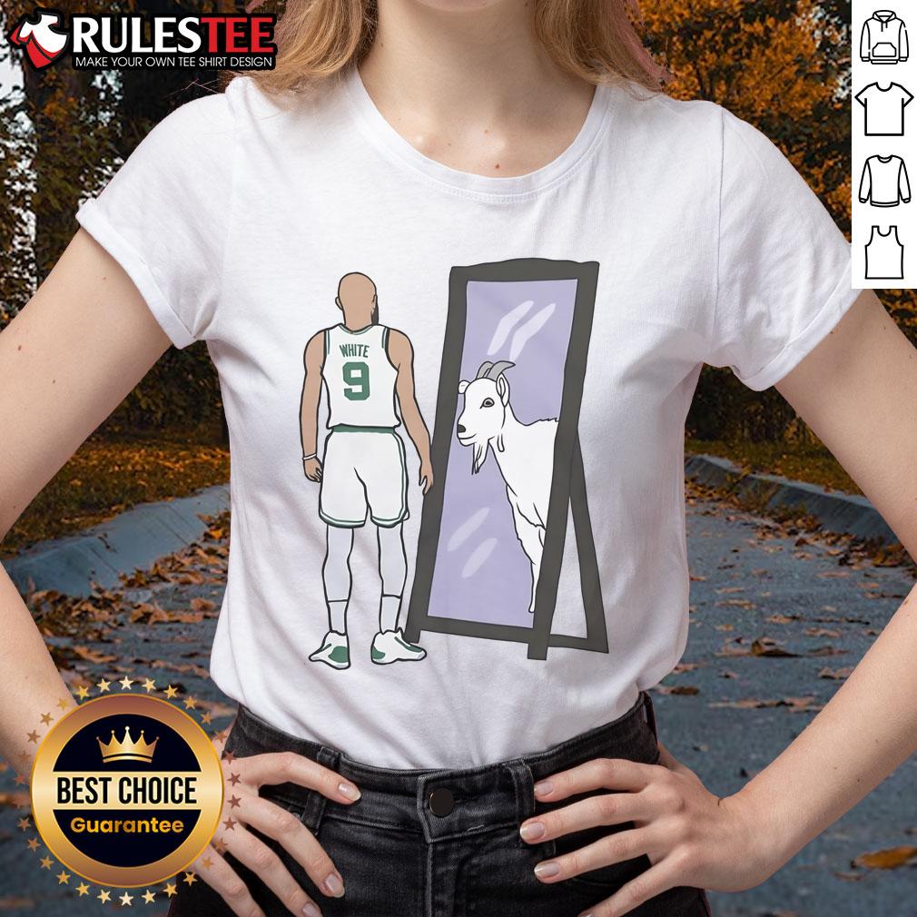 Awesome Derrick White Mirror Goat Ladies Tee showcasing a stylish design for fans of basketball and fashion.