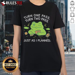 Alt Text: Awesome frog design on ladies tee, showcasing a fun turn-one-pass, turn-two-pass theme for playful fashion.