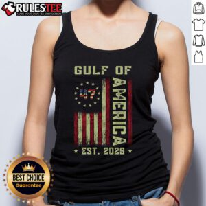 Patriotic tank top featuring the US flag and Gulf of Merica design, established 2025, perfect for summer wear.