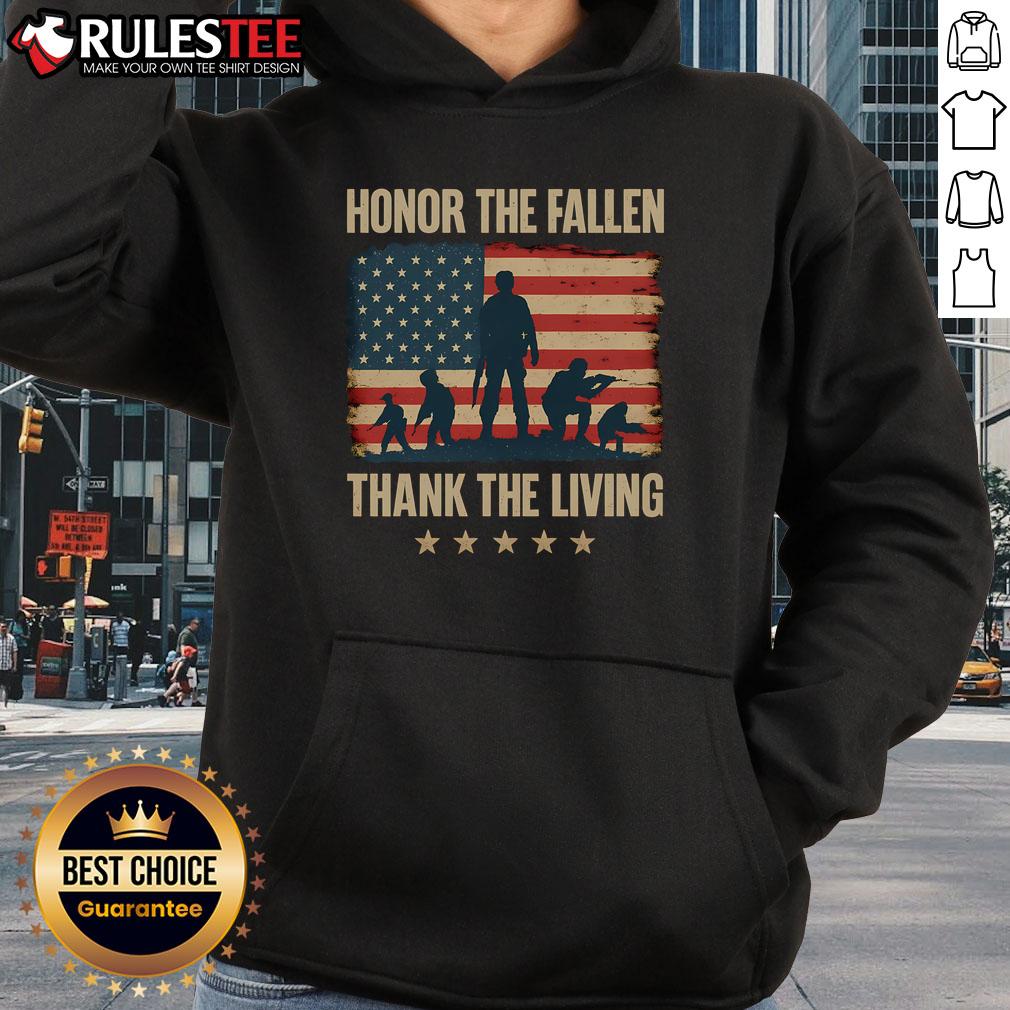 Awesome Honor The Fallen Thank The Living America Flag Hoodie featuring patriotic design and vibrant colors.