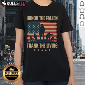 Awesome Honor The Fallen Thank The Living America Flag Ladies Tee showcasing patriotic design in vibrant colors.