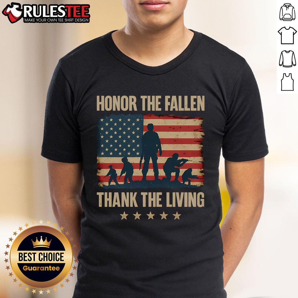 Awesome Honor The Fallen Thank The Living America Flag T-Shirt featuring a patriotic design celebrating heroes.