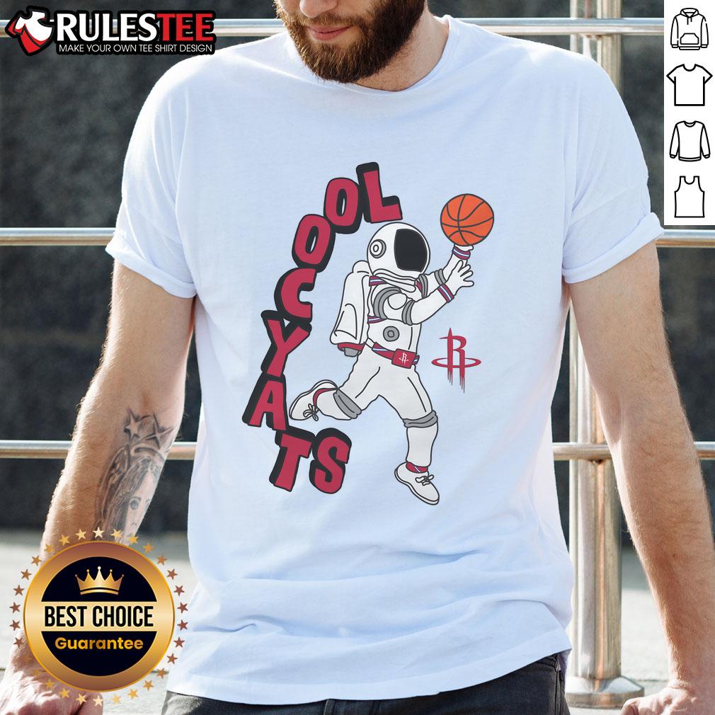 Alt Text: Awesome Houston Rockets Stadium Essentials NBA x Staycool mascot T-shirt featuring vibrant team colors and logo.
