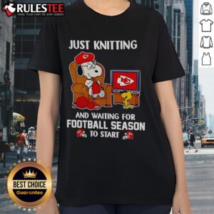 Women in Kansas City Chiefs gear knitting while eagerly waiting for football season to start, showcasing team spirit.