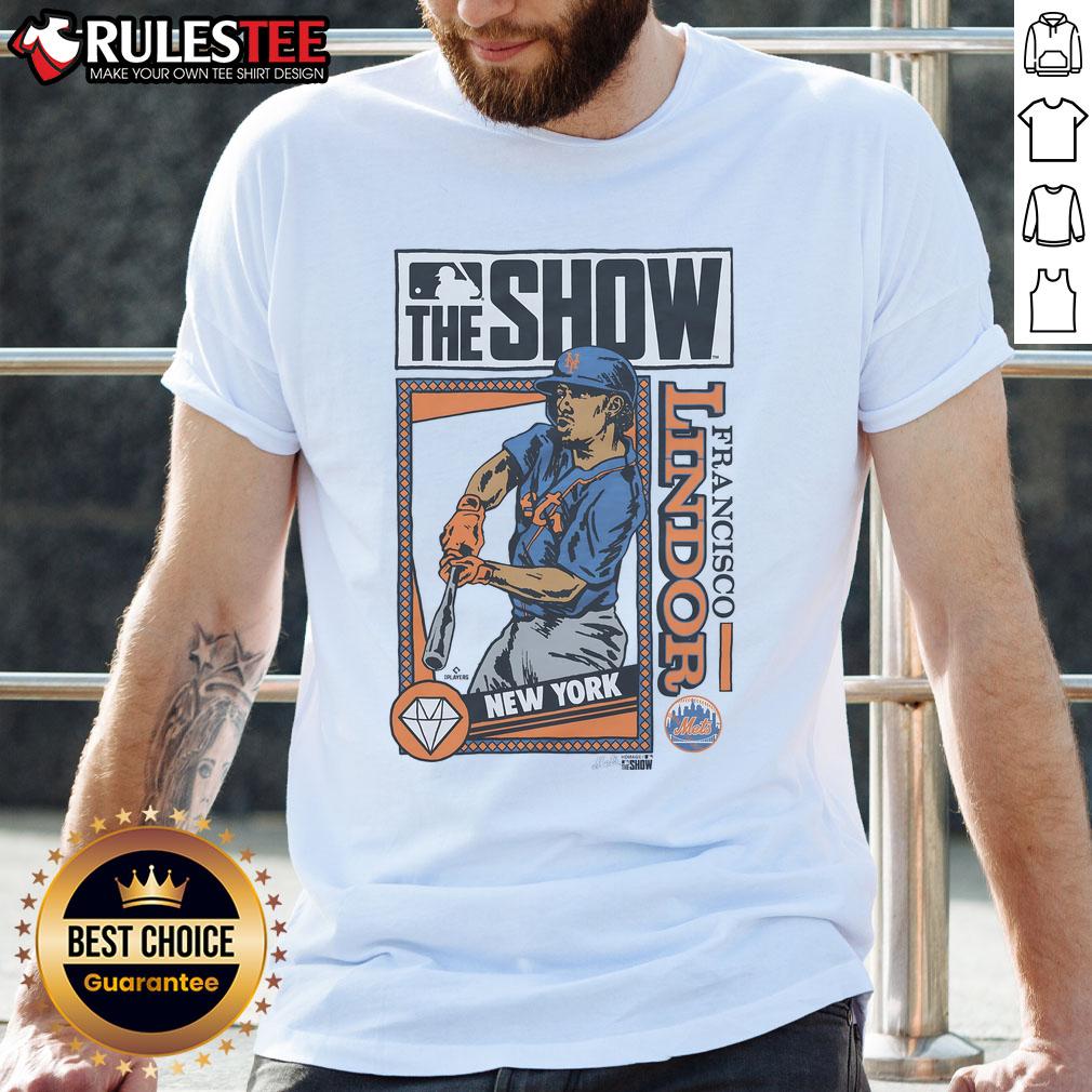 Awesome MLB The Show Mets Francisco Lindor T-Shirt featuring vibrant graphics and team colors for baseball fans.