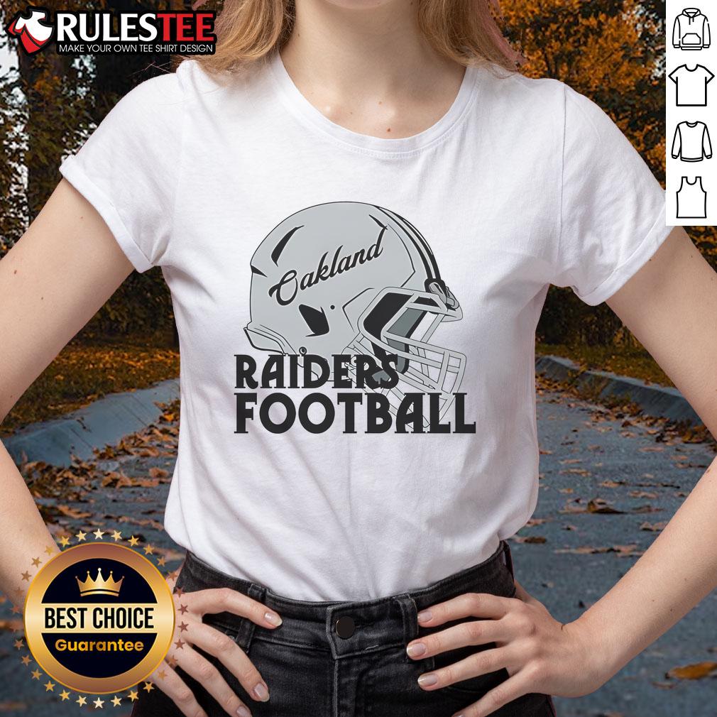 Awesome NFL Oakland Raiders football helmet graphic on a stylish ladies tee, perfect for fans and casual wear.
